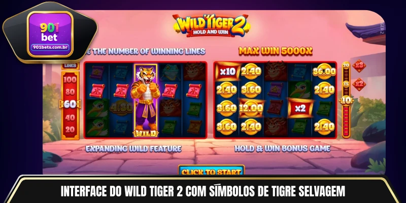 Interface do Wild Tiger 2 com símbolos de tigre selvagem