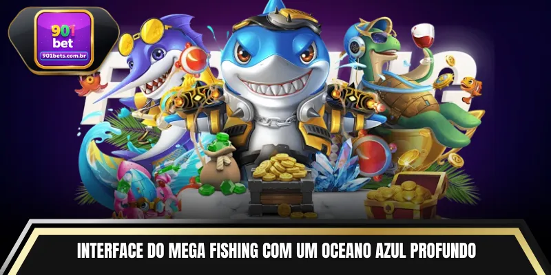 Interface do Mega Fishing com um oceano azul profundo